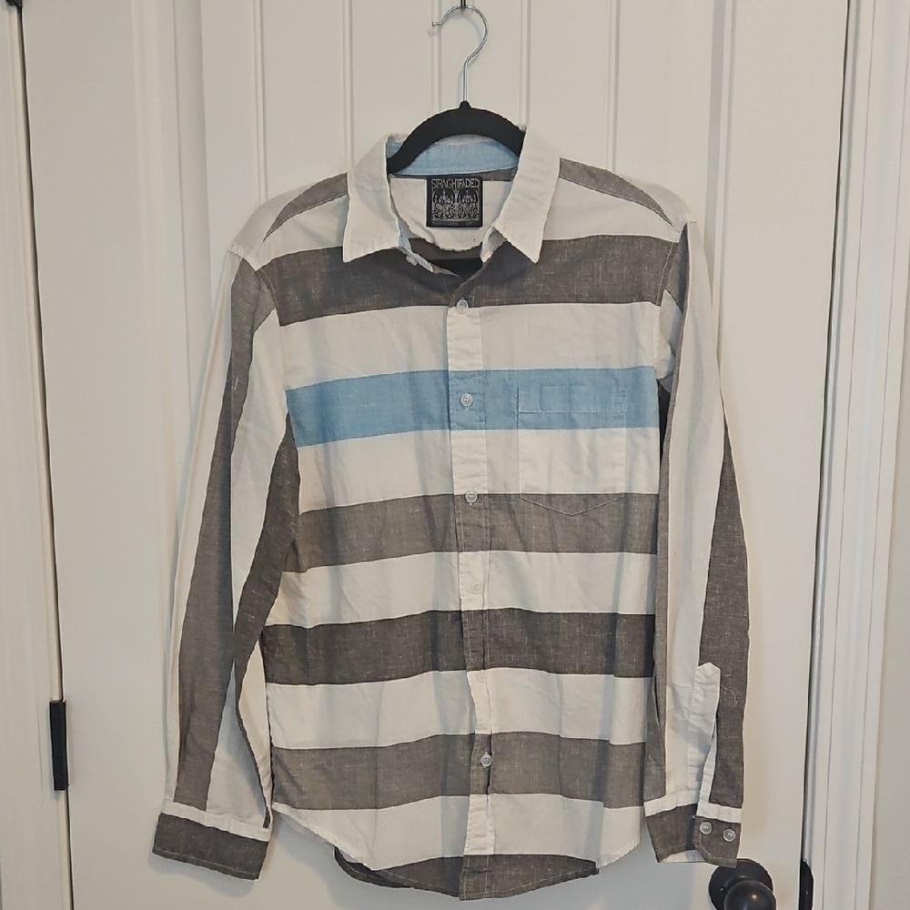 Stylish Men's Striped Button Down Shirt - Gray, White, Blue